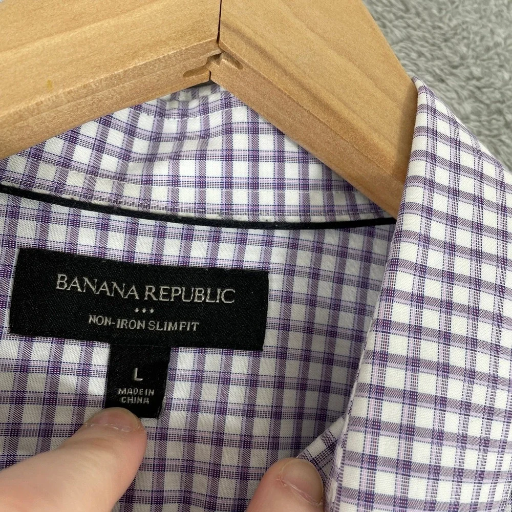 Banana Republic Button Down Shirt Mens Large Purple White Check Non-Iron Slim